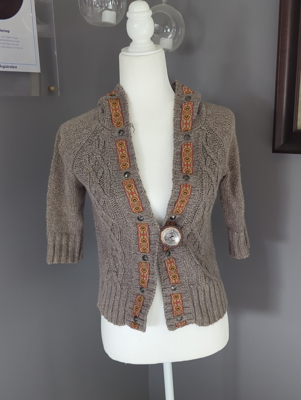 3 For $30. American Rag Taupe Cable Knit Cardigan with Embroidered Trim